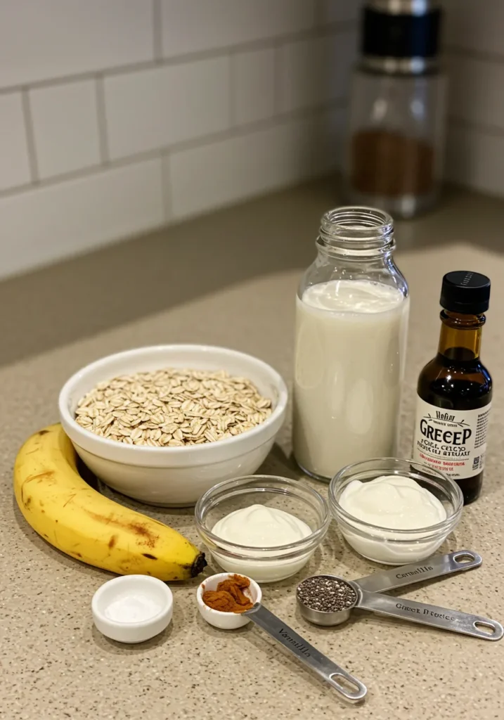 The ingredients needed to make low-calorie banana overnight oats, including oats, banana, almond milk, chia seeds, and yogurt.