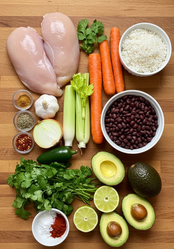 fresh ingredients arranged for making traditional mexican chicken soup including chicken, rice, black beans, corn, avocado, lime, spices, and vegetables