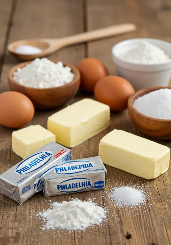 An organized display of ingredients for the Philadelphia cream cheese pastry recipe, including Philadelphia cream cheese, butter, and flour.