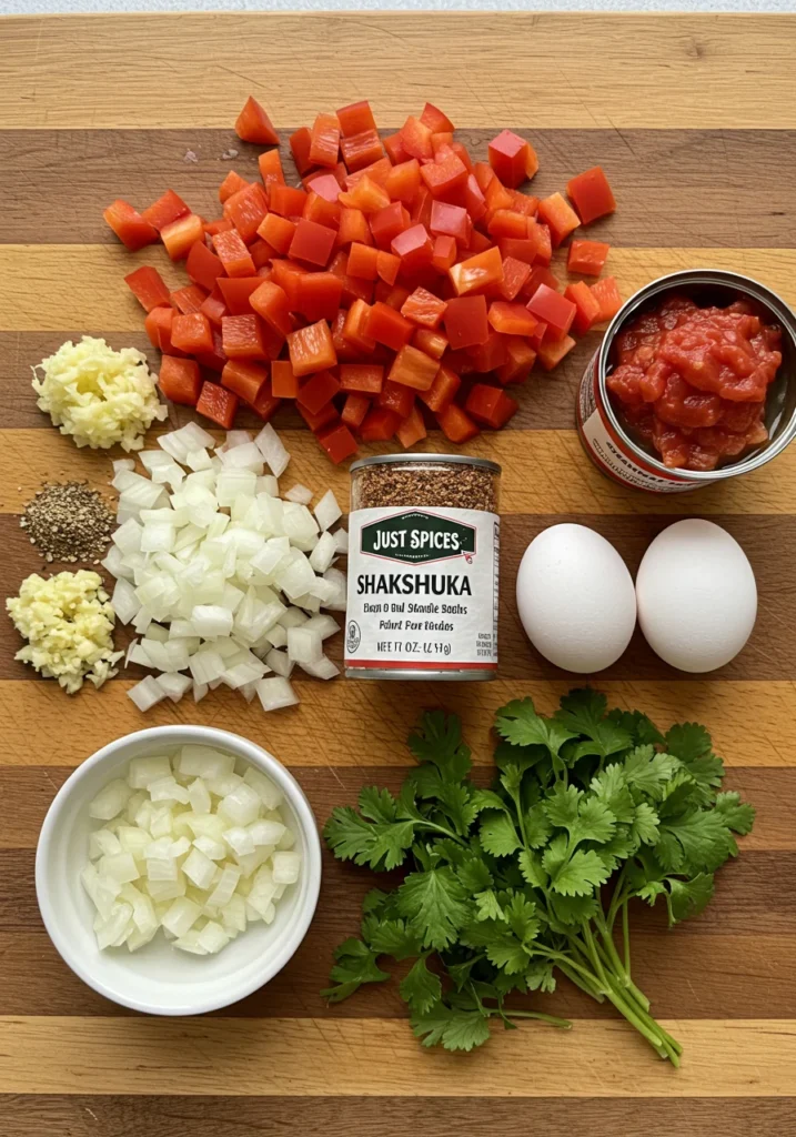 Fresh ingredients laid out for making Shakshuka with just spices, including eggs, tomatoes, and spices.