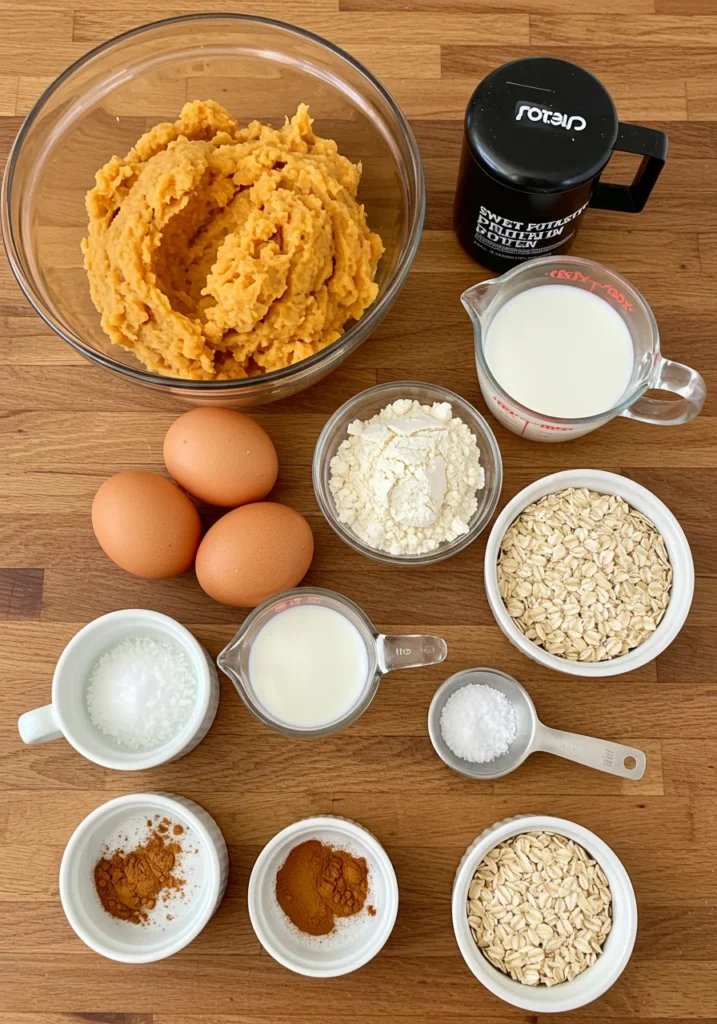List of ingredients used to make sweet potato protein waffles.