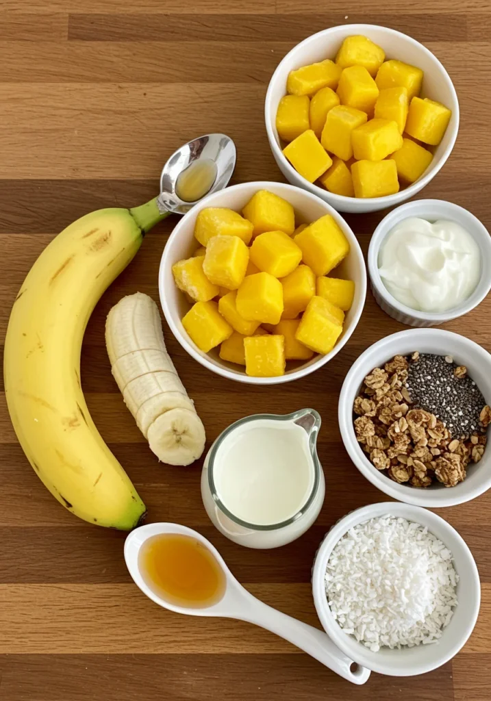 Laid-out ingredients including banana, mango, yogurt, almond milk, granola, and coconut flakes.