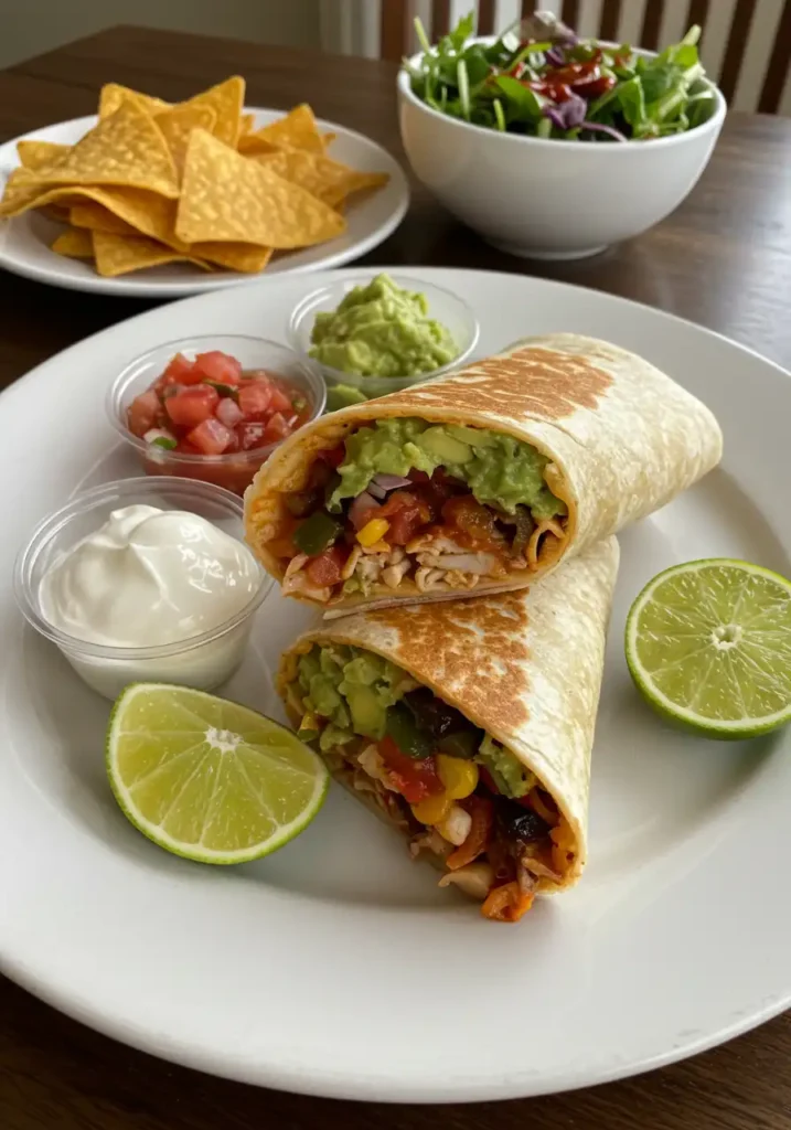 Fajita wraps served with salsa, sour cream, guacamole, and tortilla chips on the side.