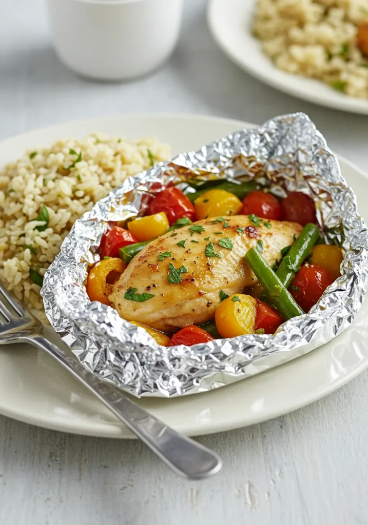 Foil packet meal served on a plate with garnish and a side dish.