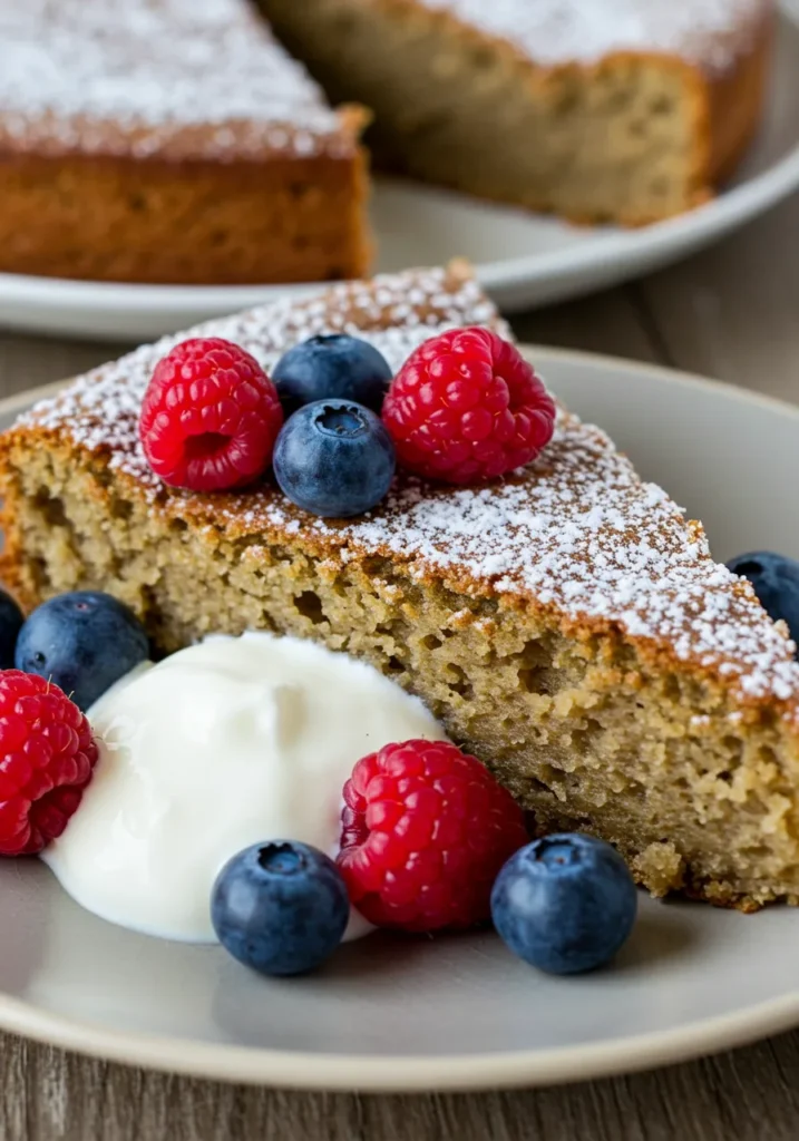 A slice of healthy kefir cake served with fresh berries and a dollop of yogurt for a refreshing and wholesome treat.