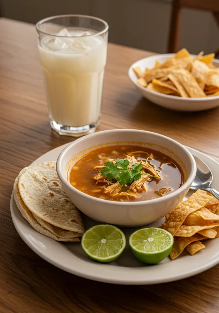 creative serving ideas for mexican chicken soup with rice, lime, avocado, fresh herbs, tortilla chips, side dishes, and traditional mexican drinks