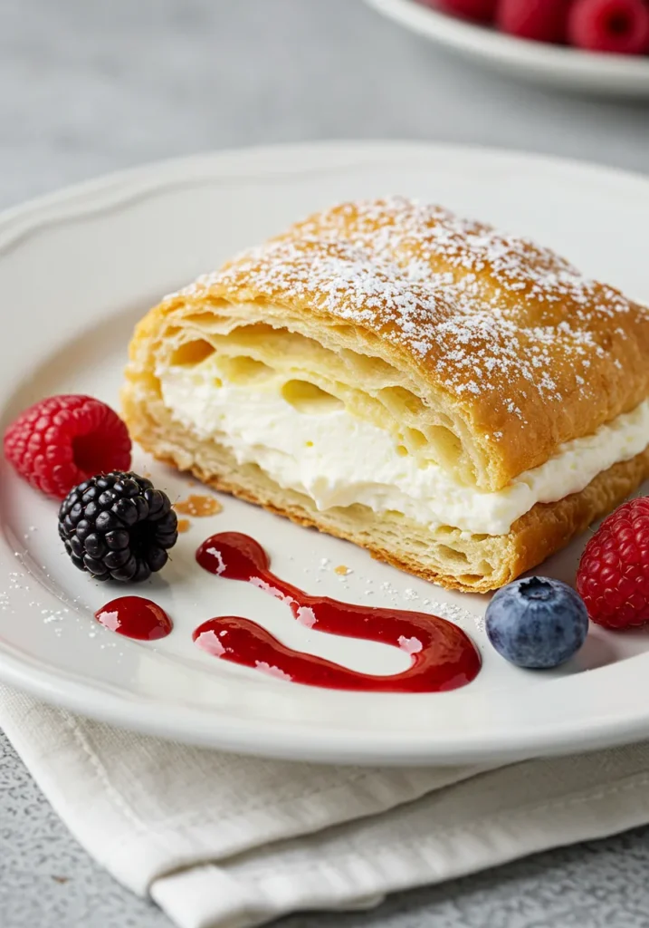 Plated Philadelphia cream cheese pastries served with a side of tea and fresh herbs for an elegant touch.