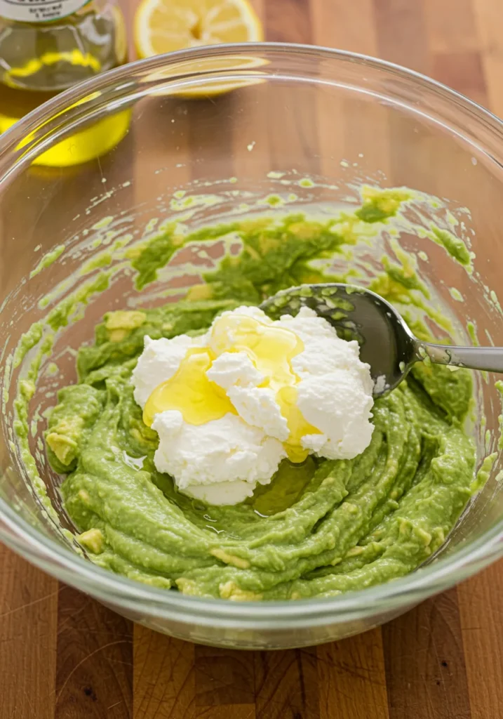 A step-by-step photo of the process of mashing avocado and mixing it with ricotta cheese, showing a bowl and utensils in use.