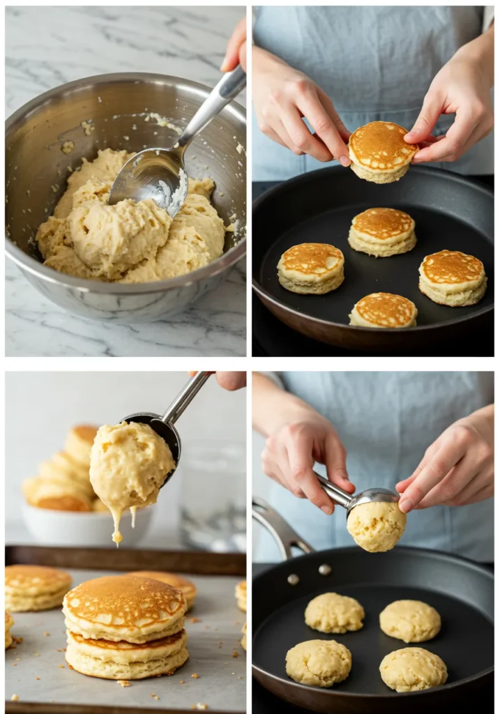 Step-by-step process of mixing, scooping, and baking pancake mix biscuits