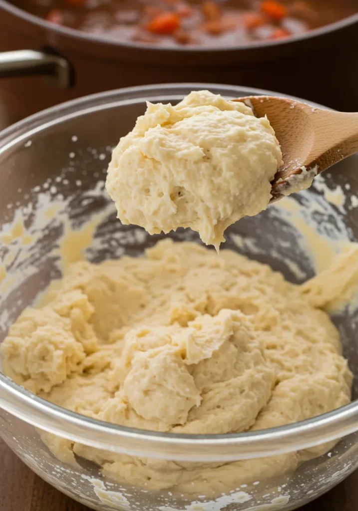 Step-by-step process of mixing Bisquick dumpling dough in a bowl.