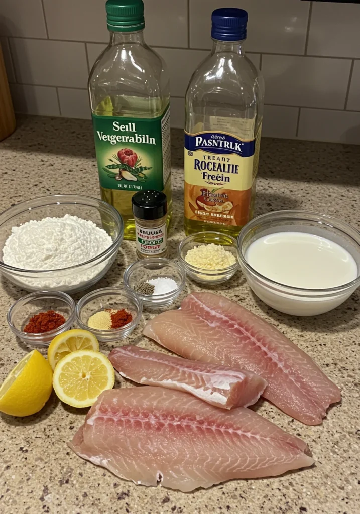 List of fresh and simple ingredients for a deep fried rockfish recipe.