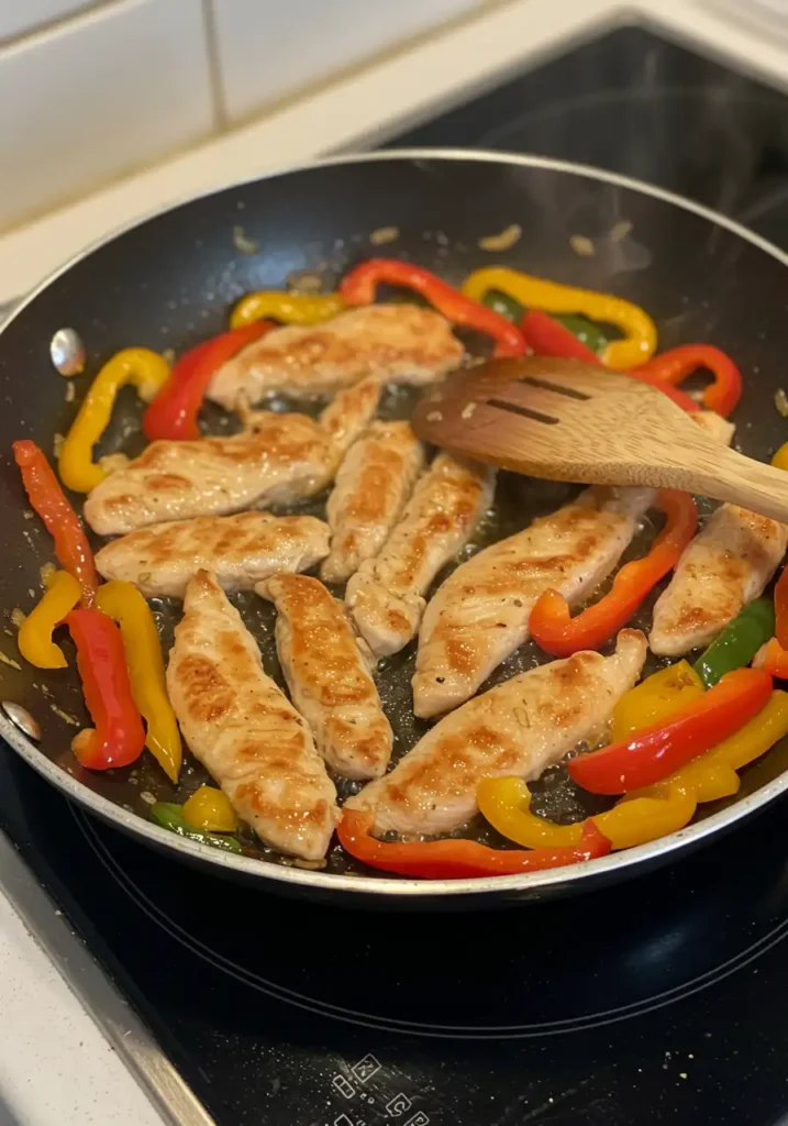 Cooking chicken and peppers in a pan with spices as part of the fajita wrap process.