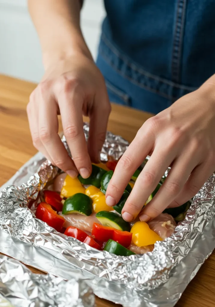 Hands preparing a foil packet meal with chicken and vegetables.