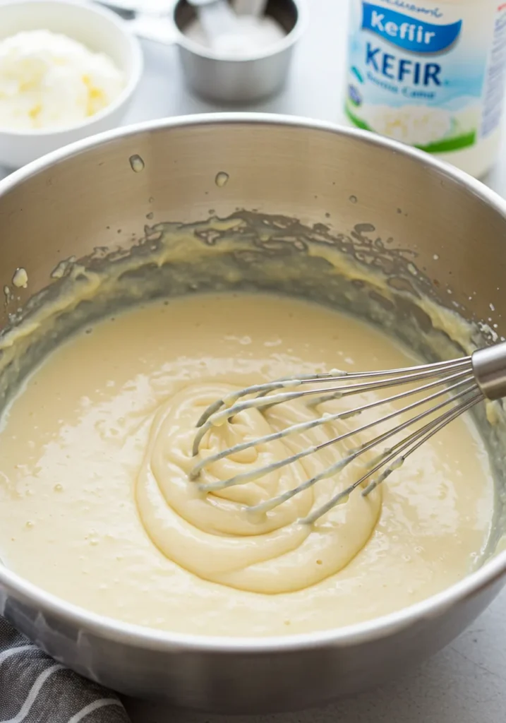 Step-by-step visual instructions showing the process of mixing and preparing a healthy kefir cake batter ready for the oven.