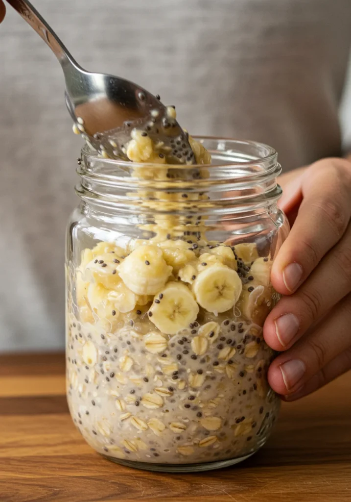 A detailed guide on how to make low-calorie banana overnight oats.