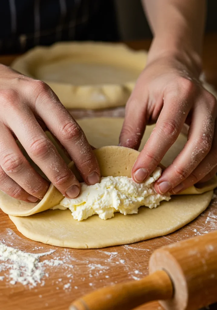 Step-by-step process of making Philadelphia cream cheese pastries, with dough being rolled out and filled with cream cheese mixture.