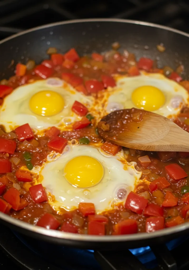 Step-by-step cooking process for Shakshuka with just spices, showing the preparation stages.