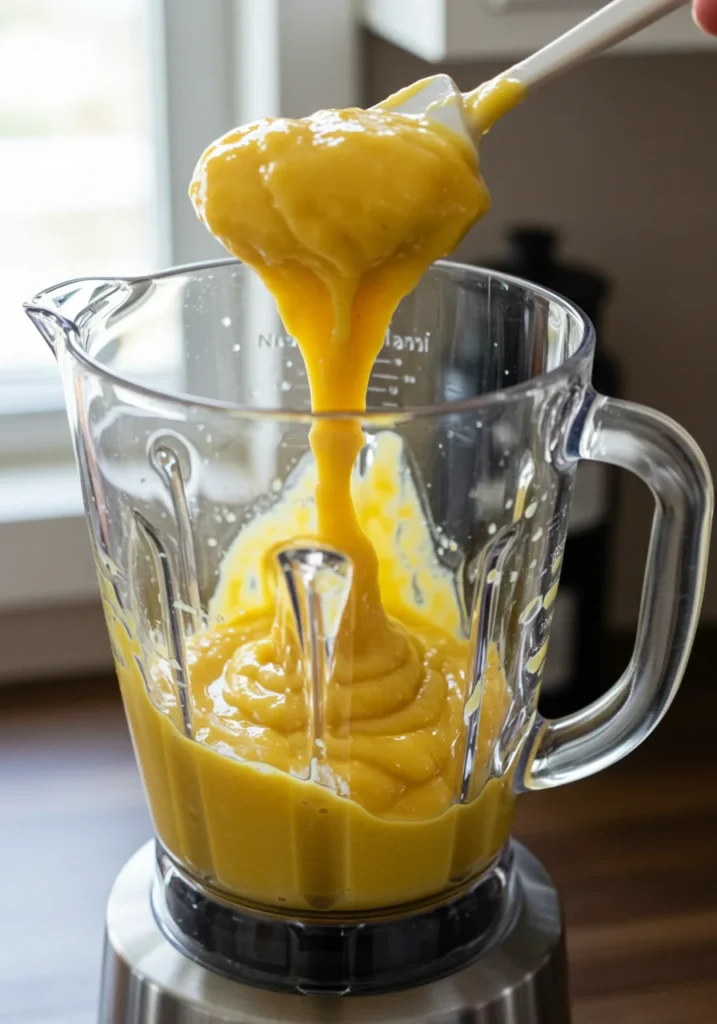 Blending and assembling a tropical banana mango smoothie bowl in simple, easy-to-follow steps.