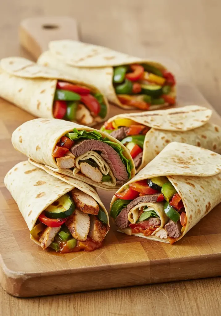 Different fajita wraps including chicken, beef, and vegetarian options on a serving board.