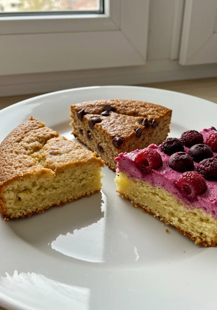 Customizable kefir cake options with ingredients like chocolate chips, fruit, or sugar-free alternatives for different dietary preferences.