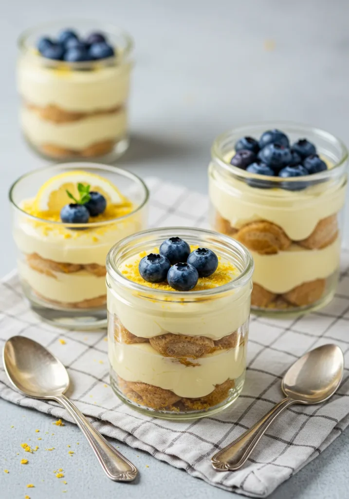 Different creative ways to prepare lemon tiramisu without eggs, such as using berries or serving in jars.