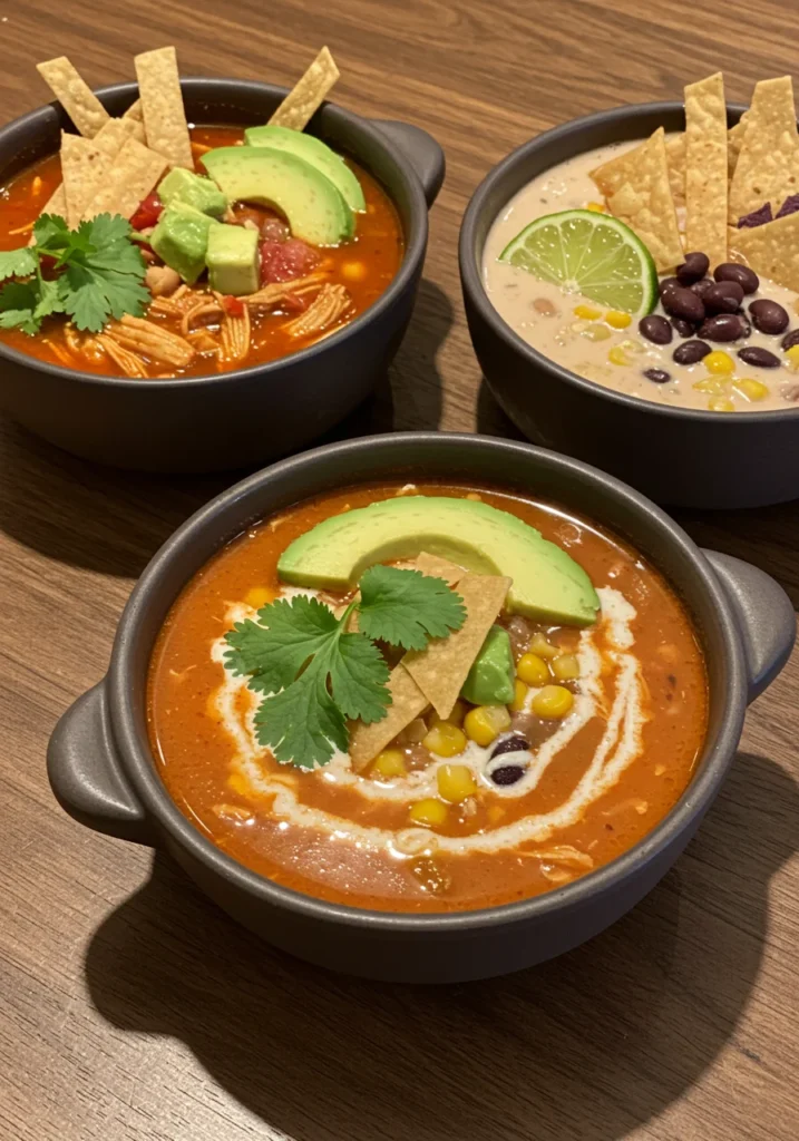 different recipe variations of mexican chicken soup including spicy versions, creamy recipes, soups with black beans, corn, and avocado toppings
