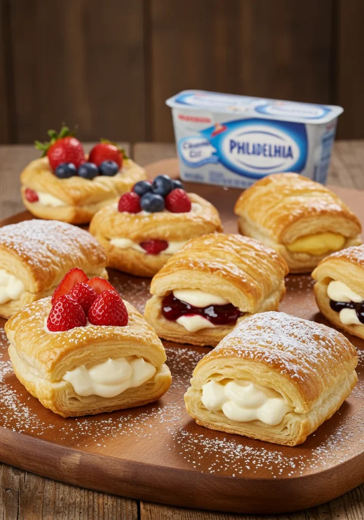Different variations of Philadelphia cream cheese pastries, including sweet fruit-filled and savory cheese-filled options.