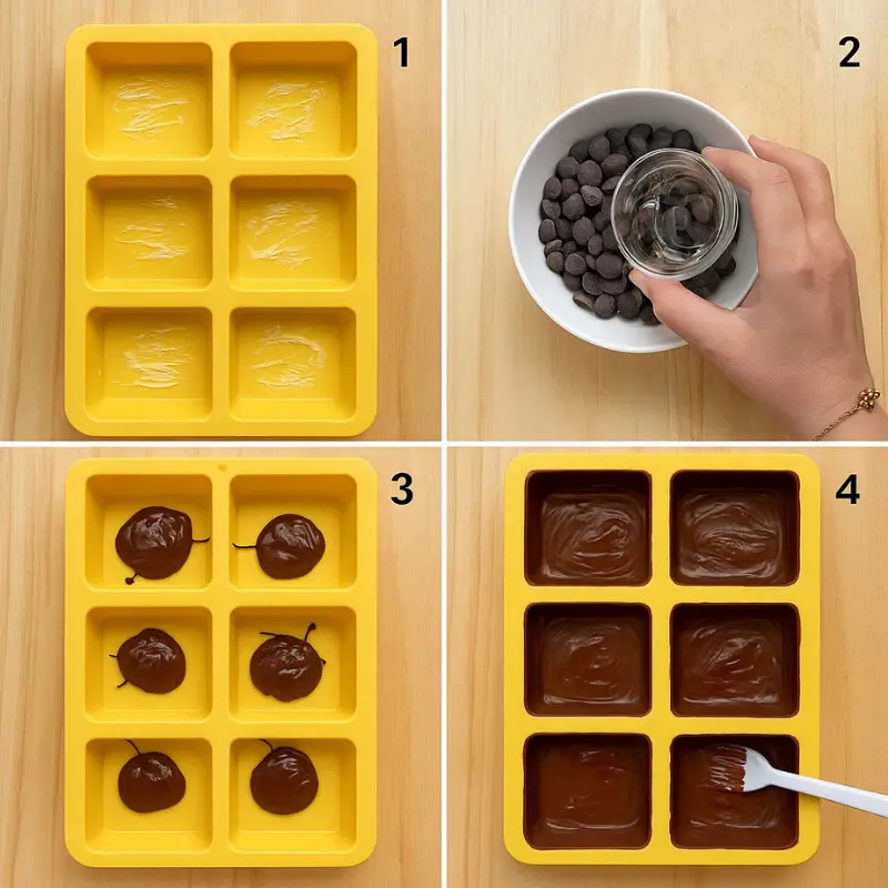 Chocolate being spooned into silicone molds for layering