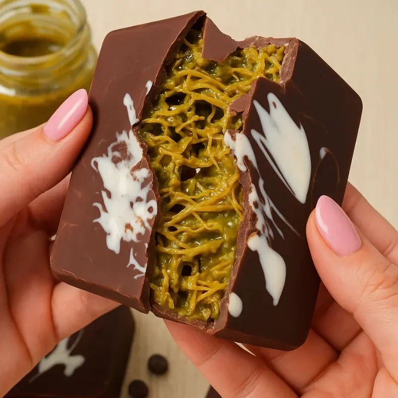 Hands breaking open a Dubai chocolate bar to reveal pistachio and kataifi filling