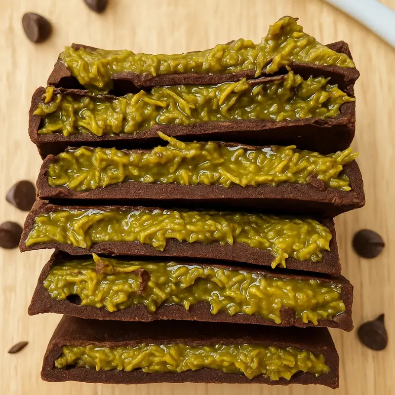 Sliced Dubai chocolate bars stacked with visible pistachio filling
