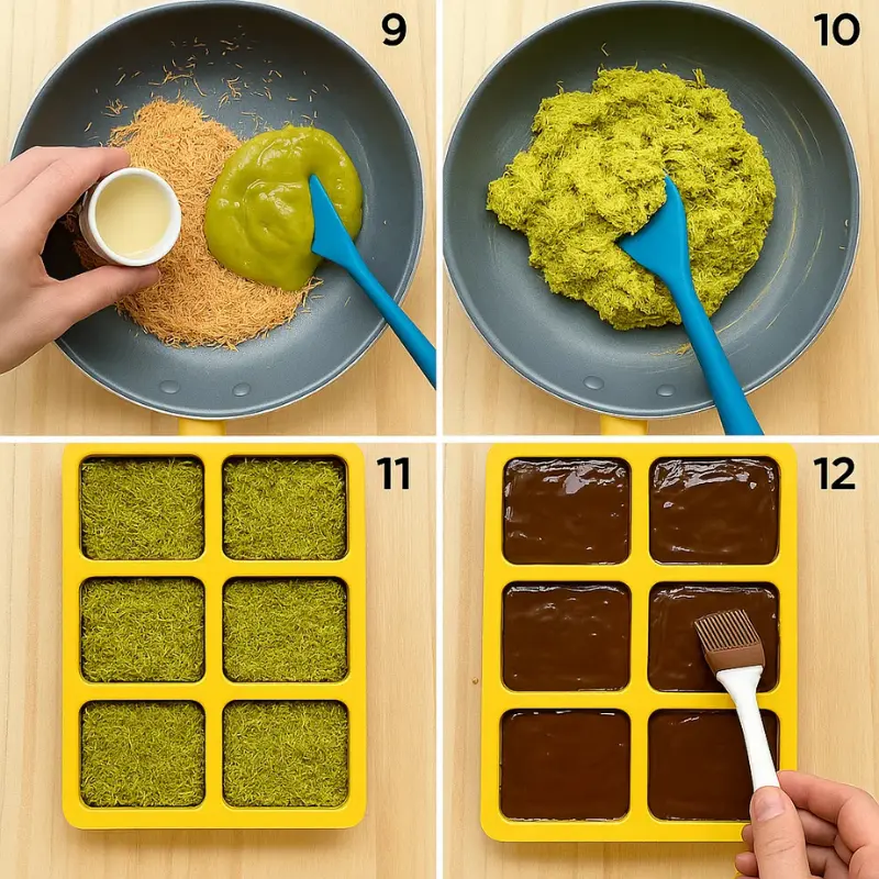 Step-by-step process of layering filling and chocolate into molds