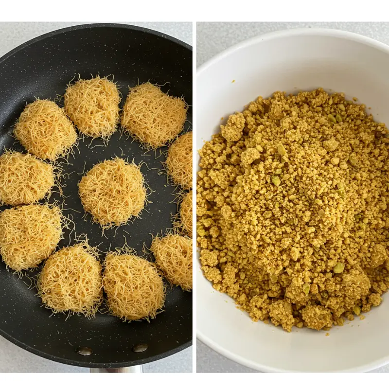 Uncooked and toasted kataifi side-by-side in pan and bowl