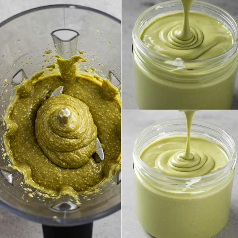 Thick pistachio butter in a blender, being poured into a glass jar