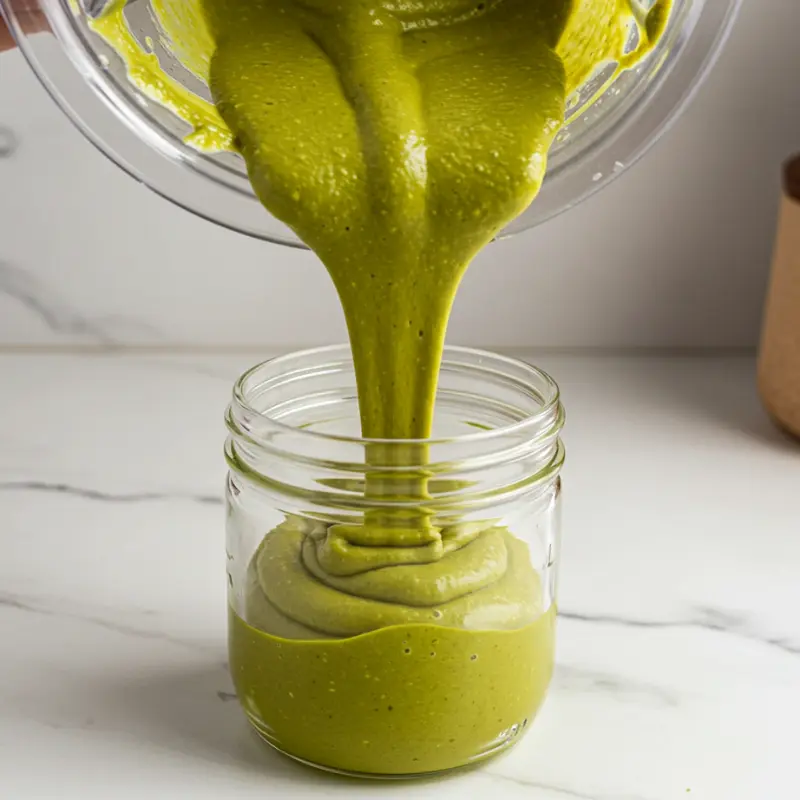 Spoon lifting pistachio cream from a glass jar on a wooden board
