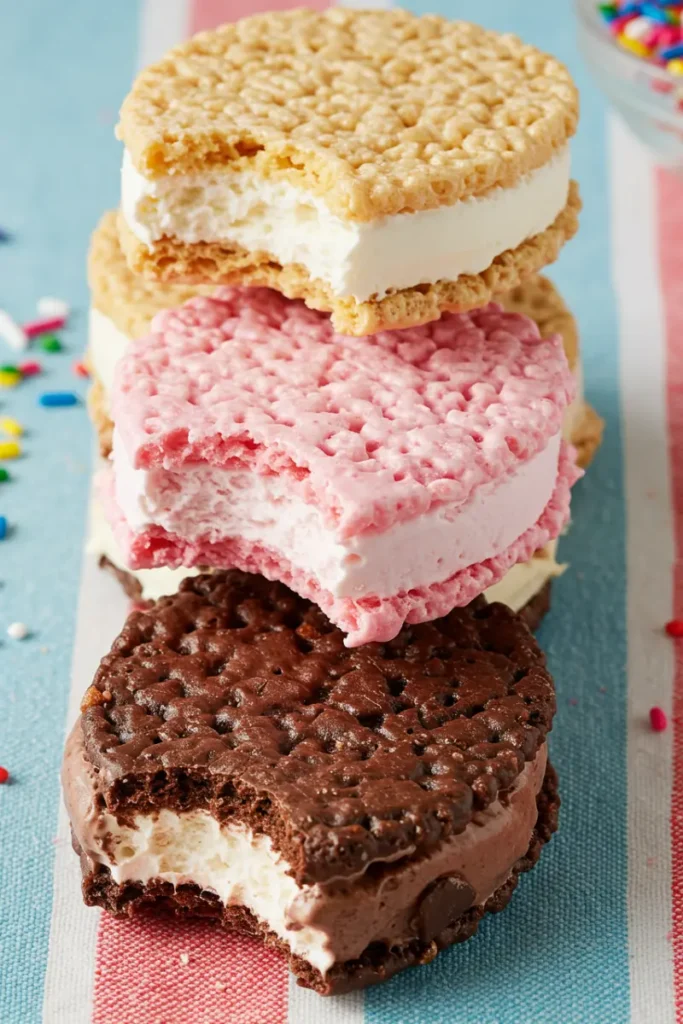 multiple strawberry rice krispie ice cream sandwiches with dark chocolate chunks inside