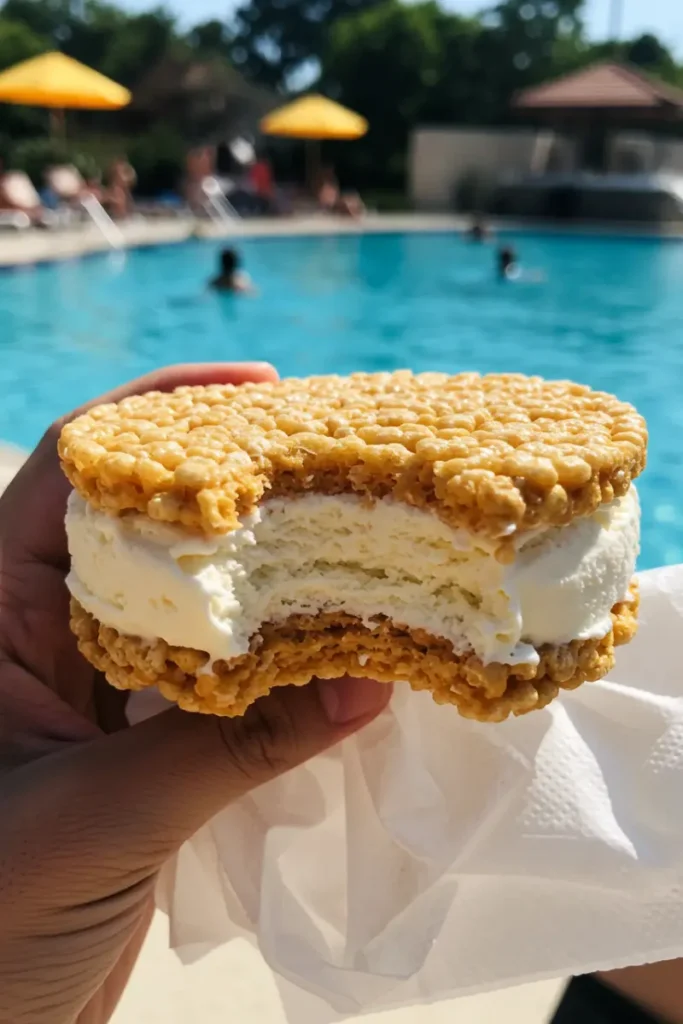 Strawberry ice cream packed between two crisp rice krispie layers—sweet, chewy, and picture-perfect.