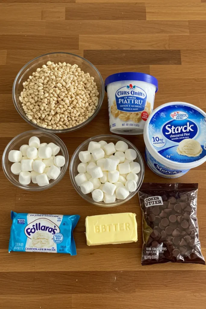A kitchen counter with rice krispie bars, ice cream scoops, and sprinkles ready for DIY assembly