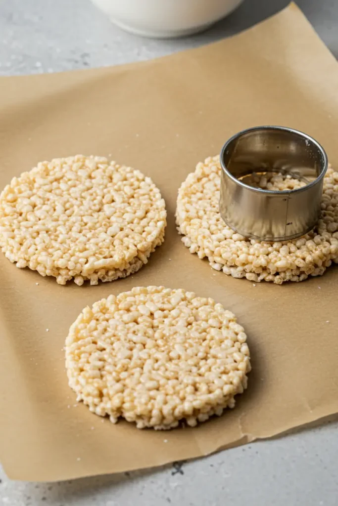 frozen rice krispie sandwich showing crunchy edges and smooth ice cream