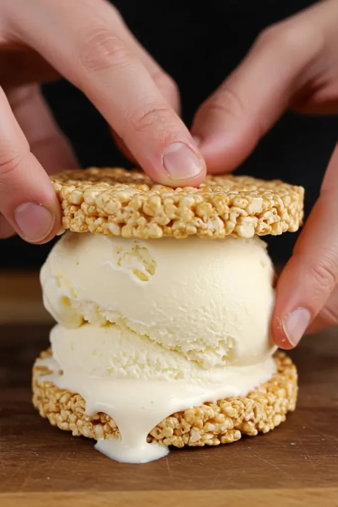 Rice krispie ice cream sandwiches arranged on a decorated dessert table with party props
