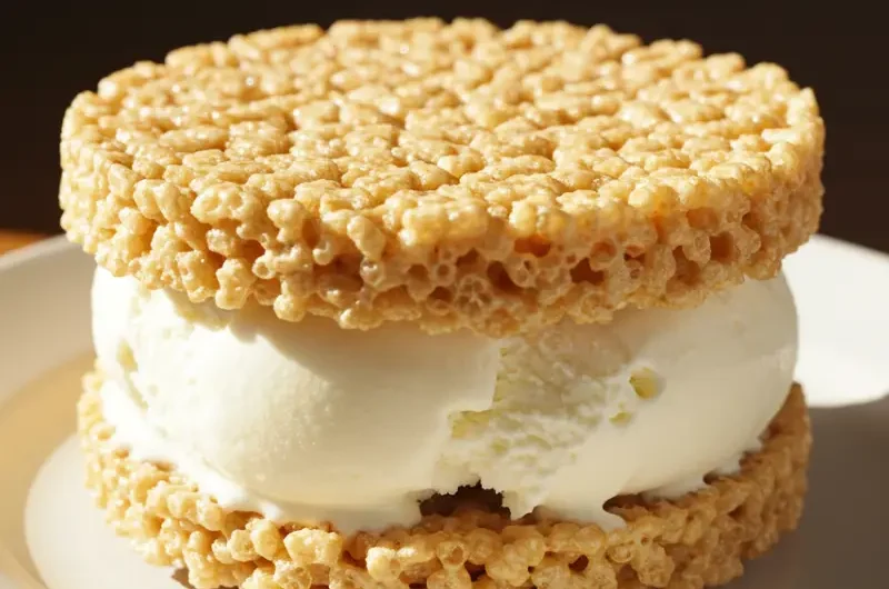 Homemade vanilla rice krispie ice cream sandwiches stacked on a dark counter
