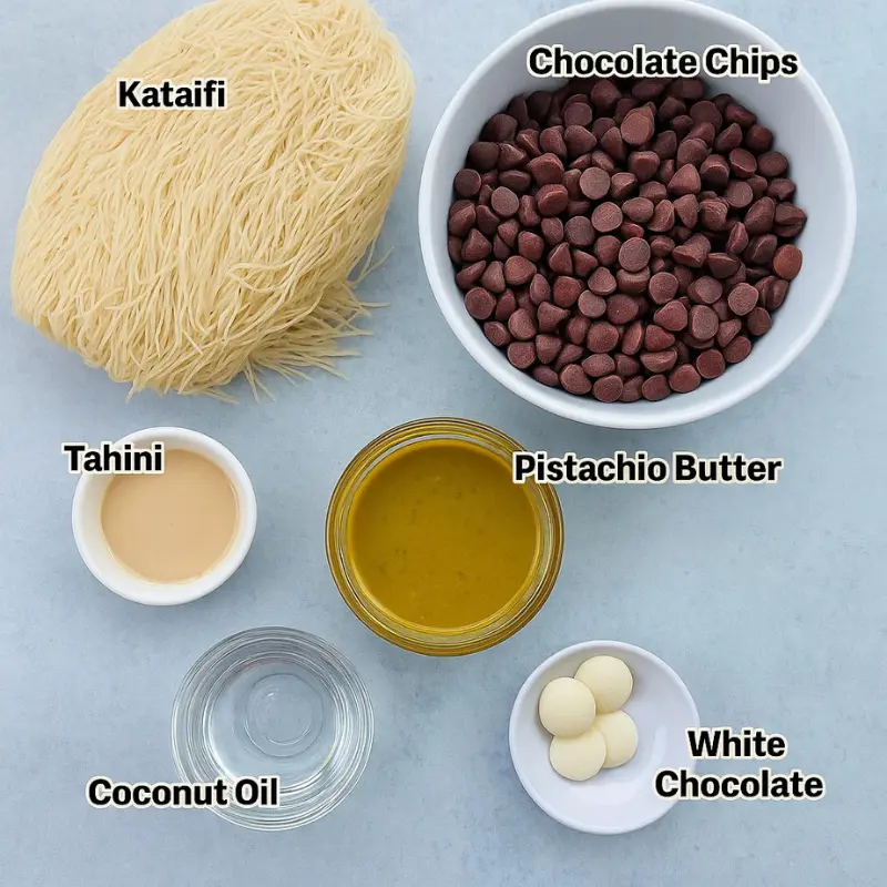 Flat lay of labeled ingredients for Dubai chocolate bar