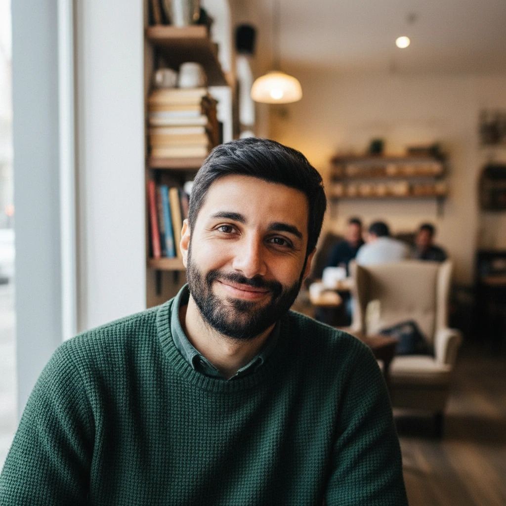 A male chef. A male chef in a pristine white jacket, smiling thoughtfully. His hands sculpt the unseen essence of flavor.